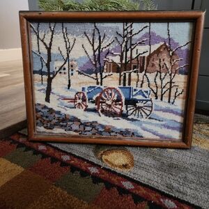 Winter Scene Vintage Needle Point Art in Wooden Frame